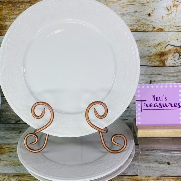 Sango GARLAND 8837 Embossed Scrolls Leaf White Stoneware Dinner Plates Set of 4 - Picture 1 of 16